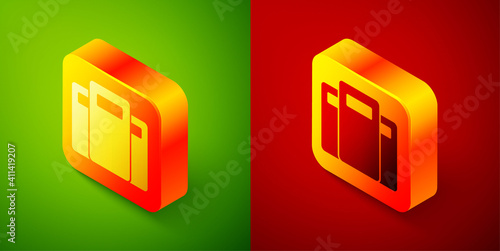 Isometric Police assault shield icon isolated on green and red background. Square button. Vector.