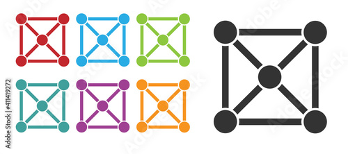 Black Blockchain technology icon isolated on white background. Cryptocurrency data. Abstract geometric block chain network technology business. Set icons colorful. Vector.