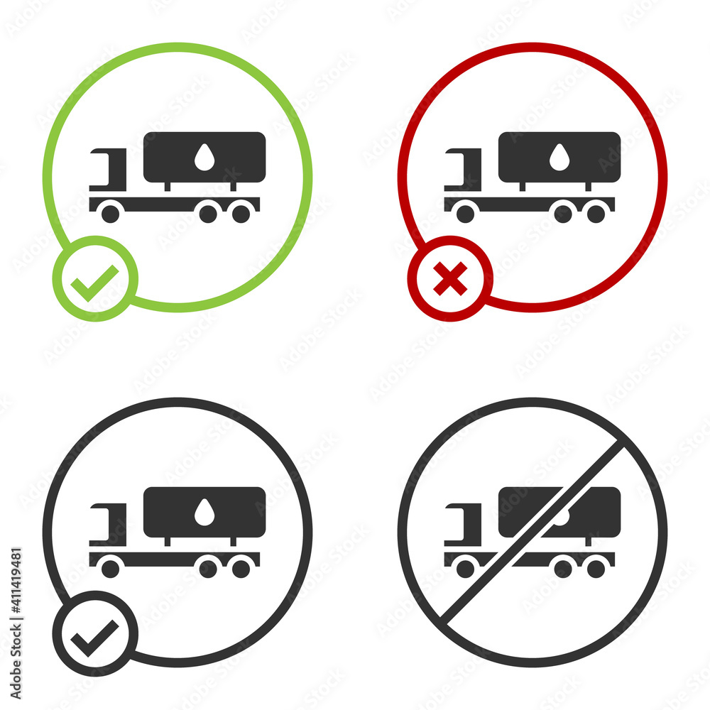 Black Tanker truck icon isolated on white background. Petroleum tanker, petrol truck, cistern, oil trailer. Circle button. Vector. Black Tanker truck icon isolated on white background. Petroleum tanker, petrol truck, cistern, oil trailer. Circle button. Vector.