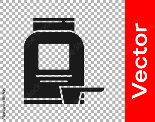 Black Sports nutrition bodybuilding proteine power drink and food icon isolated on transparent background. Vector.