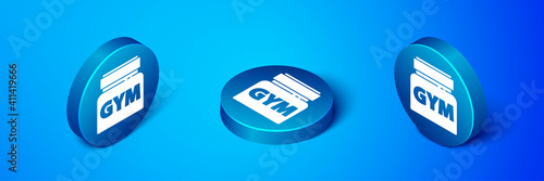 Isometric Sports nutrition bodybuilding proteine power drink and food icon isolated on blue background. Blue circle button. Vector.