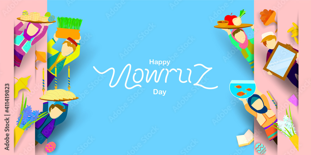 Fototapeta premium Nowruz celebration with friends. Translation: Happy Persian New Year (Nowruz)