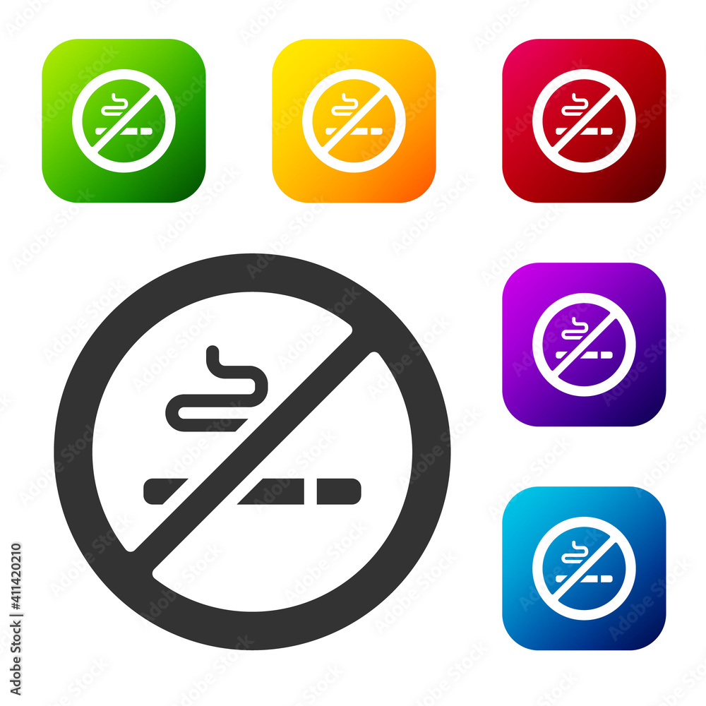 Black No Smoking icon isolated on white background. Cigarette symbol. Set icons in color square buttons. Vector. Black No Smoking icon isolated on white background. Cigarette symbol. Set icons in color square buttons. Vector.