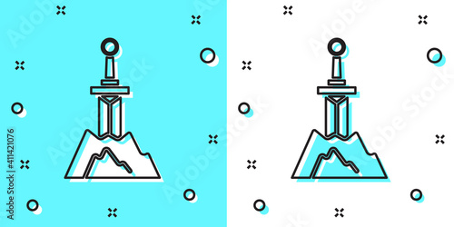 Black line Sword in the stone icon isolated on green and white background. Excalibur the sword in the stone from the Arthurian legends. Random dynamic shapes. Vector.