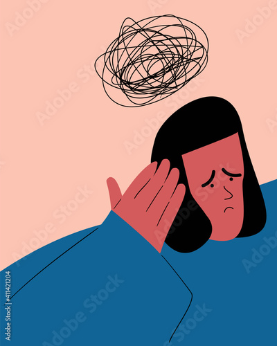 Black girl with depression. Mental disorder. Vector illustration. Confusion of thoughts. Procrastination. Fear.