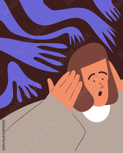 Mental health recovery or recovery concept. A woman suffering from psychological problems and disorders. People listen to inner voices. Flat vector illustration. Fear in the head.