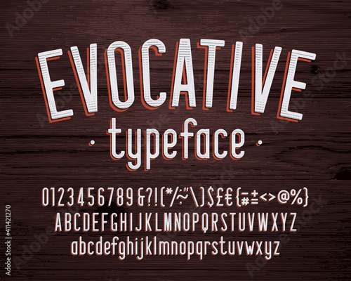 Evocative alphabet font. Vintage condensed letters, numbers and symbols. Uppercase and lowercase. Stock vector typescript for your typography design. photo