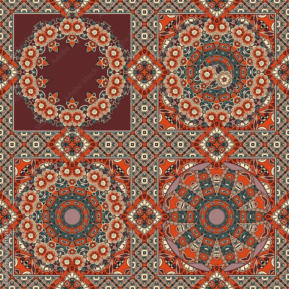 Asymmetrical ornament for a shawl in ethnic style. Print for fabric, wallpaper.
