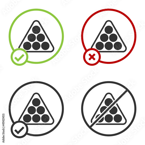 Black Billiard balls in a rack triangle icon isolated on white background. Circle button. Vector.