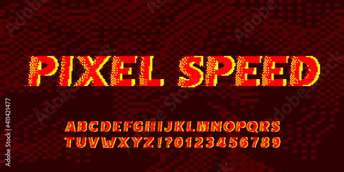Pixel Speed alphabet font. Fast wind effect letters and numbers. 80s arcade video game typeface.