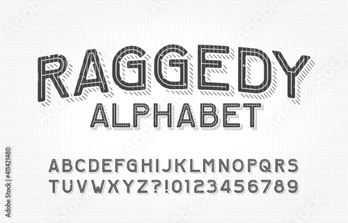 Raggedy alphabet font. Type letters and numbers on a vintage background. Stock vector typescript for your typography design.
