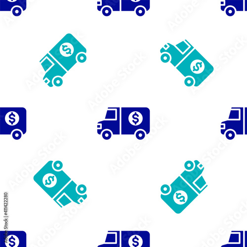 Blue Armored truck icon isolated seamless pattern on white background. Vector.