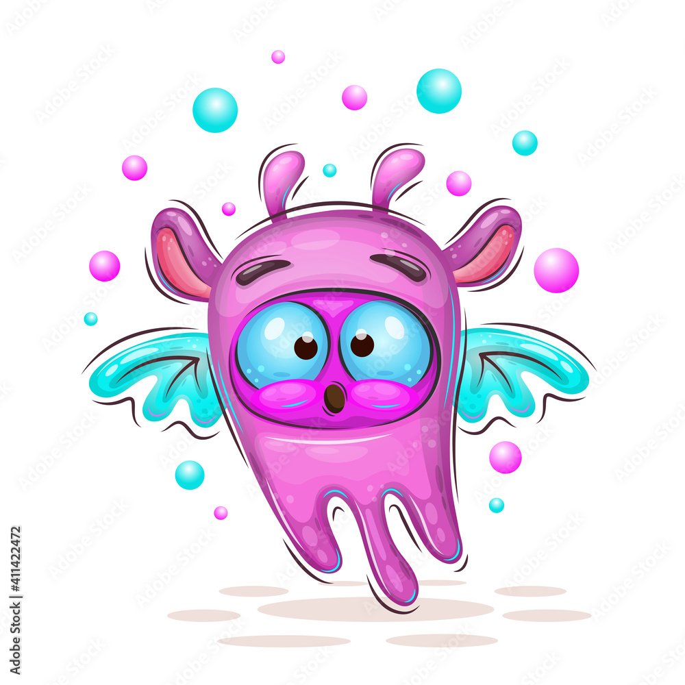 Fototapeta premium Cute cartoon flying monster. Positive and unique design. Use the product for printing on clothing, accessories, party decorations, labels and stickers, kids room decoration, invitation cards, scrapboo