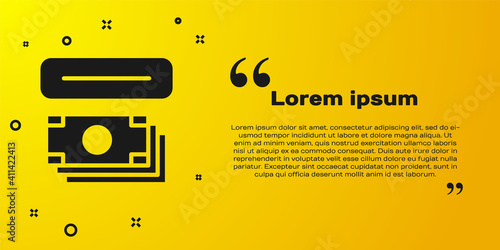 Black ATM - Automated teller machine and money icon isolated on yellow background. Vector.