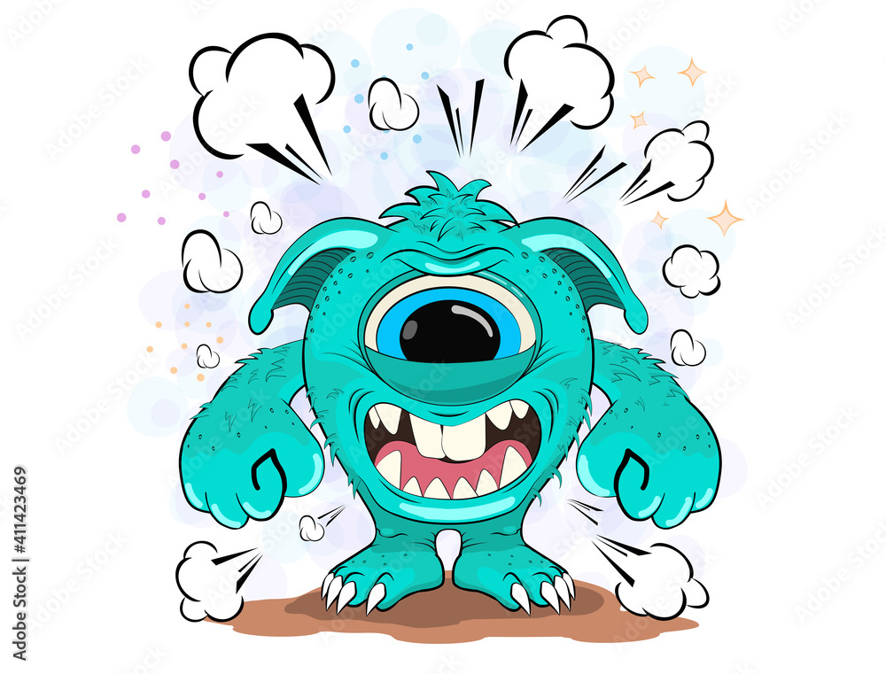 Cool Angry Monster. Illustration of a cartoon evil monster against a background of clouds of smoke and stars. Colorful children's illustration. Cool Angry Monster. Illustration of a cartoon evil monster against a background of clouds of smoke and stars. Colorful children's illustration.