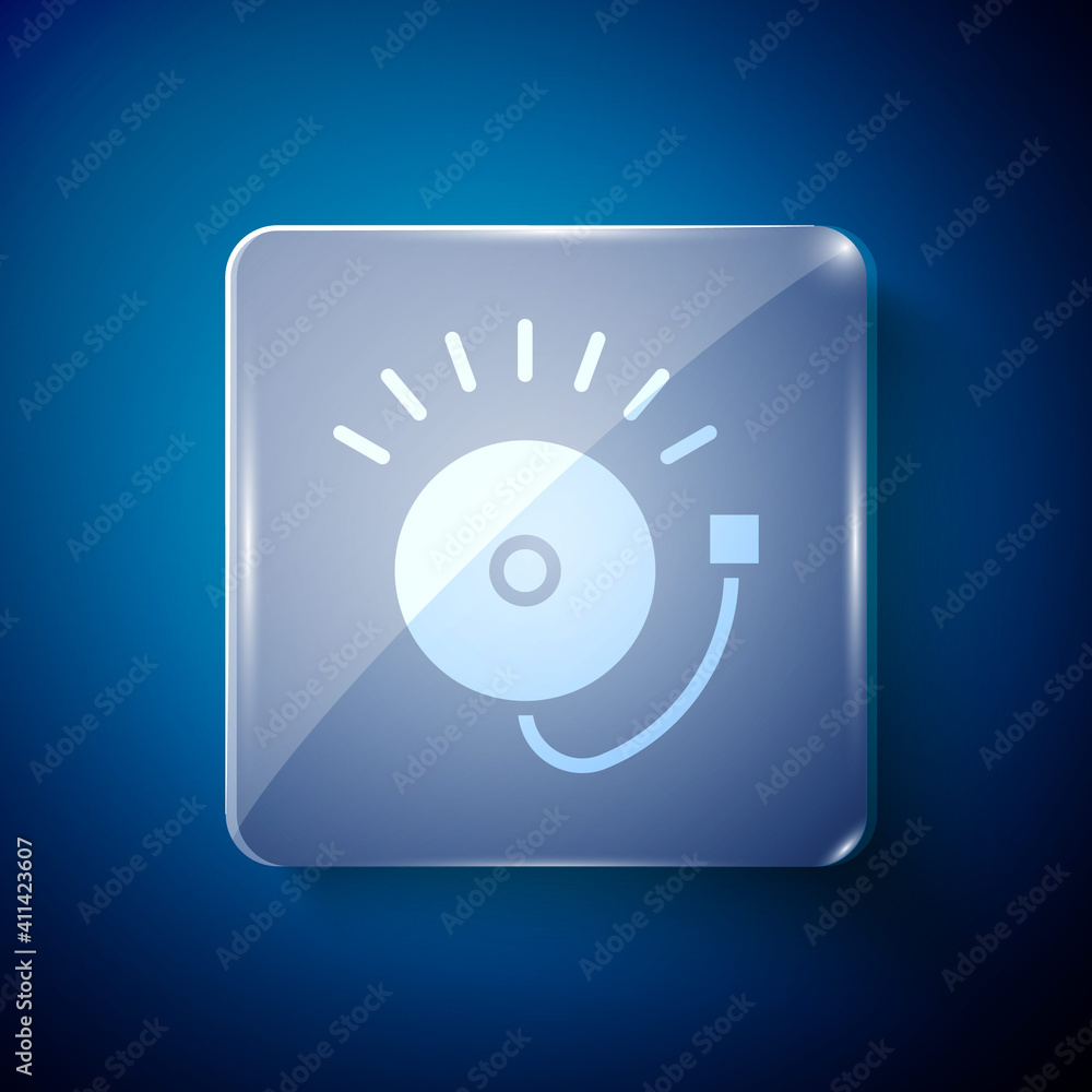 White Ringing alarm bell icon isolated on blue background. Fire alarm system. Service bell, handbell sign, notification symbol. Square glass panels. Vector. White Ringing alarm bell icon isolated on blue background. Fire alarm system. Service bell, handbell sign, notification symbol. Square glass panels. Vector.