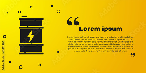 Black Bio fuel barrel icon isolated on yellow background. Eco bio and canister. Green environment and recycle. Vector.