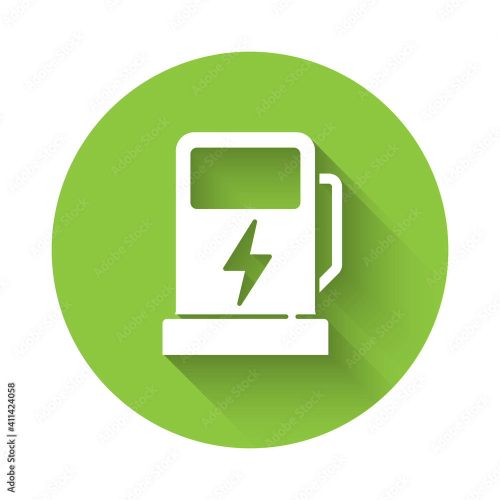 White Electric car charging station icon isolated with long shadow. Eco electric fuel pump sign. Green circle button. Vector. White Electric car charging station icon isolated with long shadow. Eco electric fuel pump sign. Green circle button. Vector.