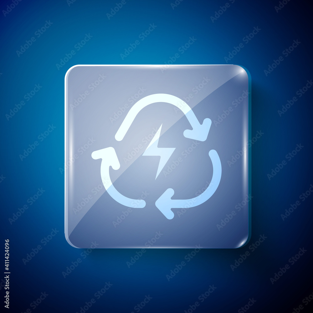 White Battery with recycle symbol line icon isolated on blue background. Battery with recycling symbol - renewable energy concept. Square glass panels. Vector. White Battery with recycle symbol line icon isolated on blue background. Battery with recycling symbol - renewable energy concept. Square glass panels. Vector.