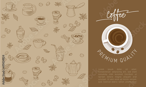 Coffee label, menu cover with coffee background. Coffee, espresso, cappuccino, mochachino, glasse, set of coffee cups.