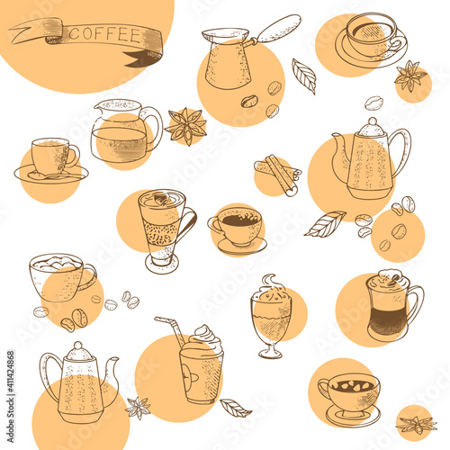 Coffee, espresso, cappuccino, mochachino, glasses, set of coffee cups, coffee beans. Vector coffee background of icons in vintage sketch style