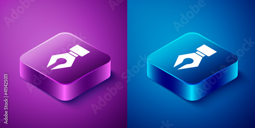 Isometric Fountain pen nib icon isolated on blue and purple background. Pen tool sign. Square button. Vector.