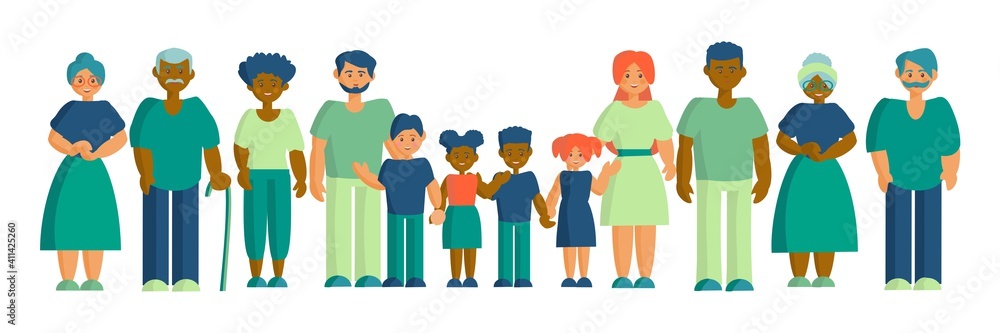 Happy interracial family Father, mother grandparents and children Son, daughter and parents Flat vector illustration