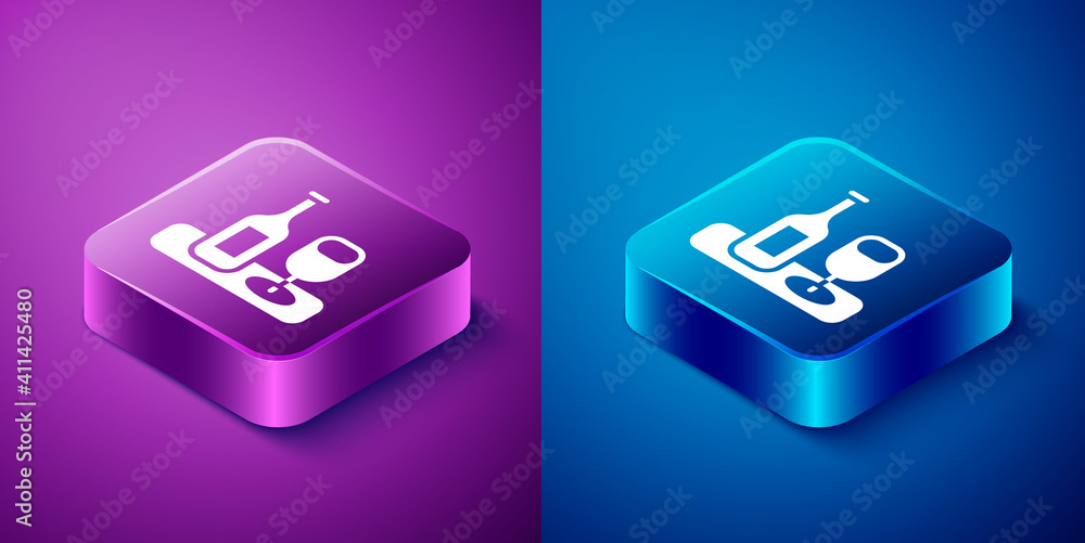 Isometric Wine bottle with glass icon isolated on blue and purple background. Square button. Vector. Isometric Wine bottle with glass icon isolated on blue and purple background. Square button. Vector.