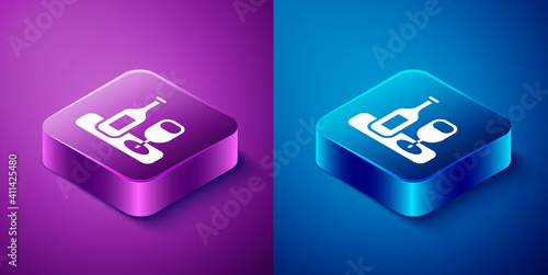 Isometric Wine bottle with glass icon isolated on blue and purple background. Square button. Vector.