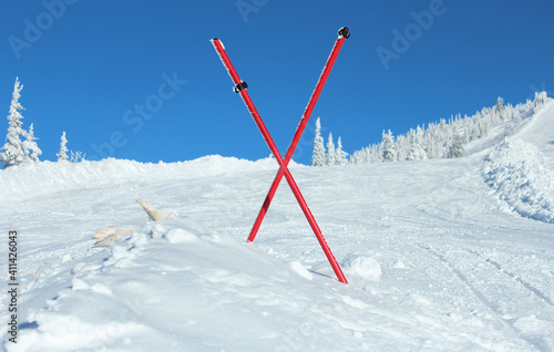 Red Cross. Ban on the ski slope. Blocked snow road in the mountains