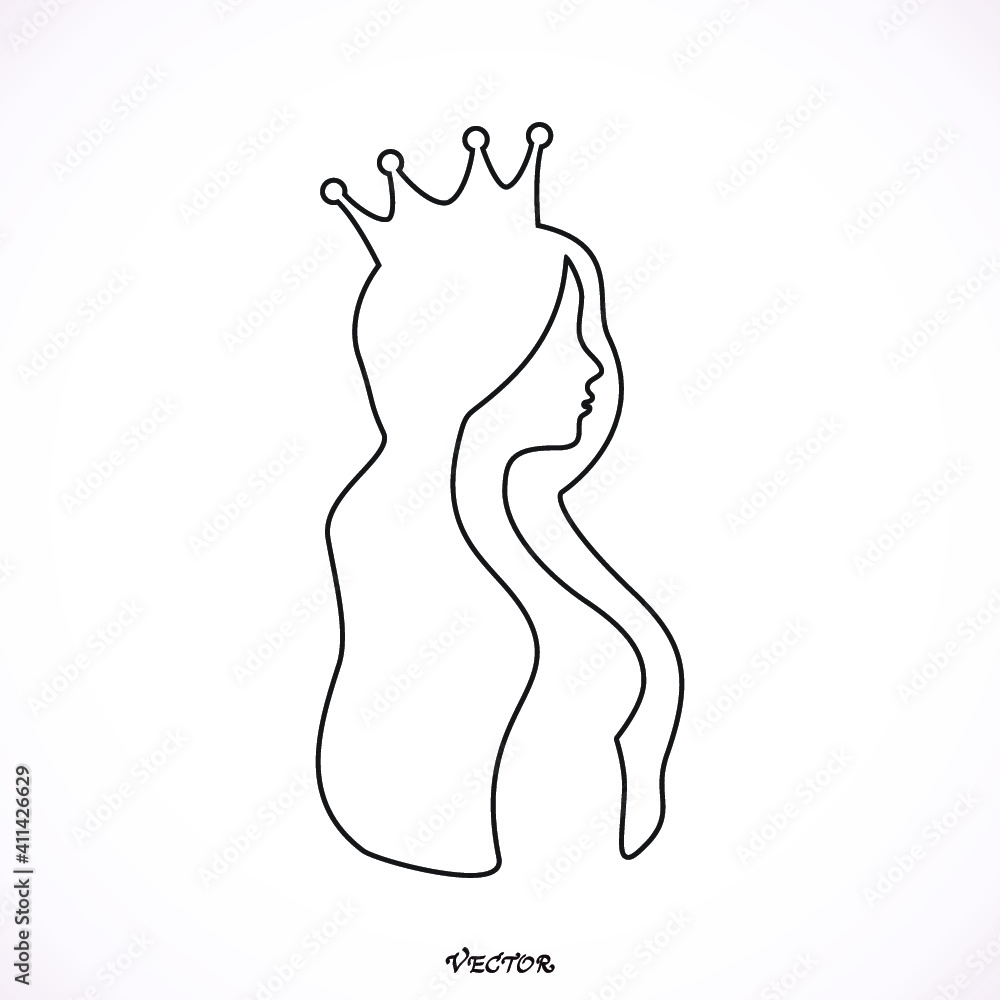 woman wearing crown, princess logo, flat style, icon isolated on white background, continuous line drawing woman wearing crown, princess logo, flat style, icon isolated on white background, continuous line drawing