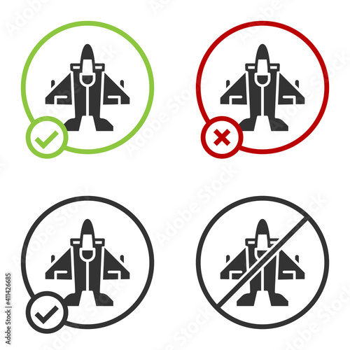 Black Jet fighter icon isolated on white background. Military aircraft. Circle button. Vector.