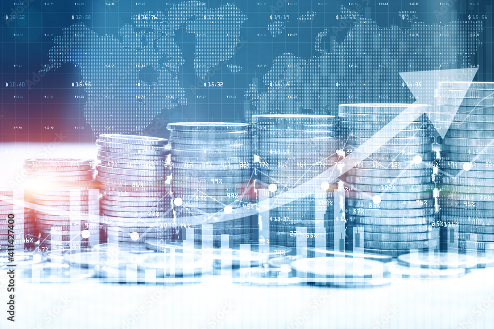 Stack of money coin with trading graph for finance investor. Cryptocurrency digital economy. Financial investment background concept. 3d rendering Stack of money coin with trading graph for finance investor. Cryptocurrency digital economy. Financial investment background concept. 3d rendering