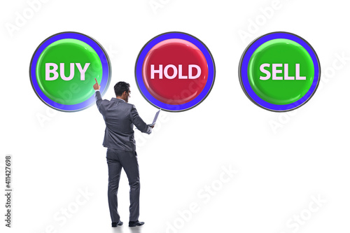 Concept of commercial choices between buying holding and selling