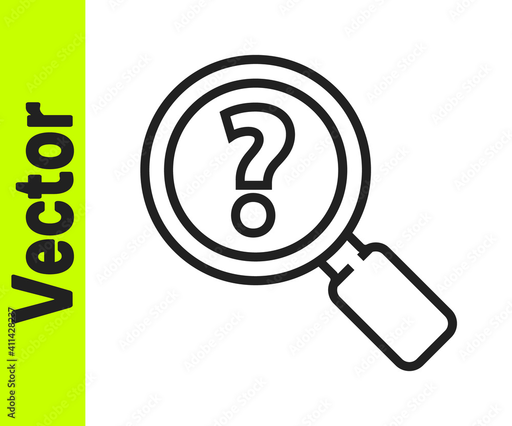 Black line Unknown search icon isolated on white background. Magnifying glass and question mark. Vector Illustration. Black line Unknown search icon isolated on white background. Magnifying glass and question mark. Vector Illustration.