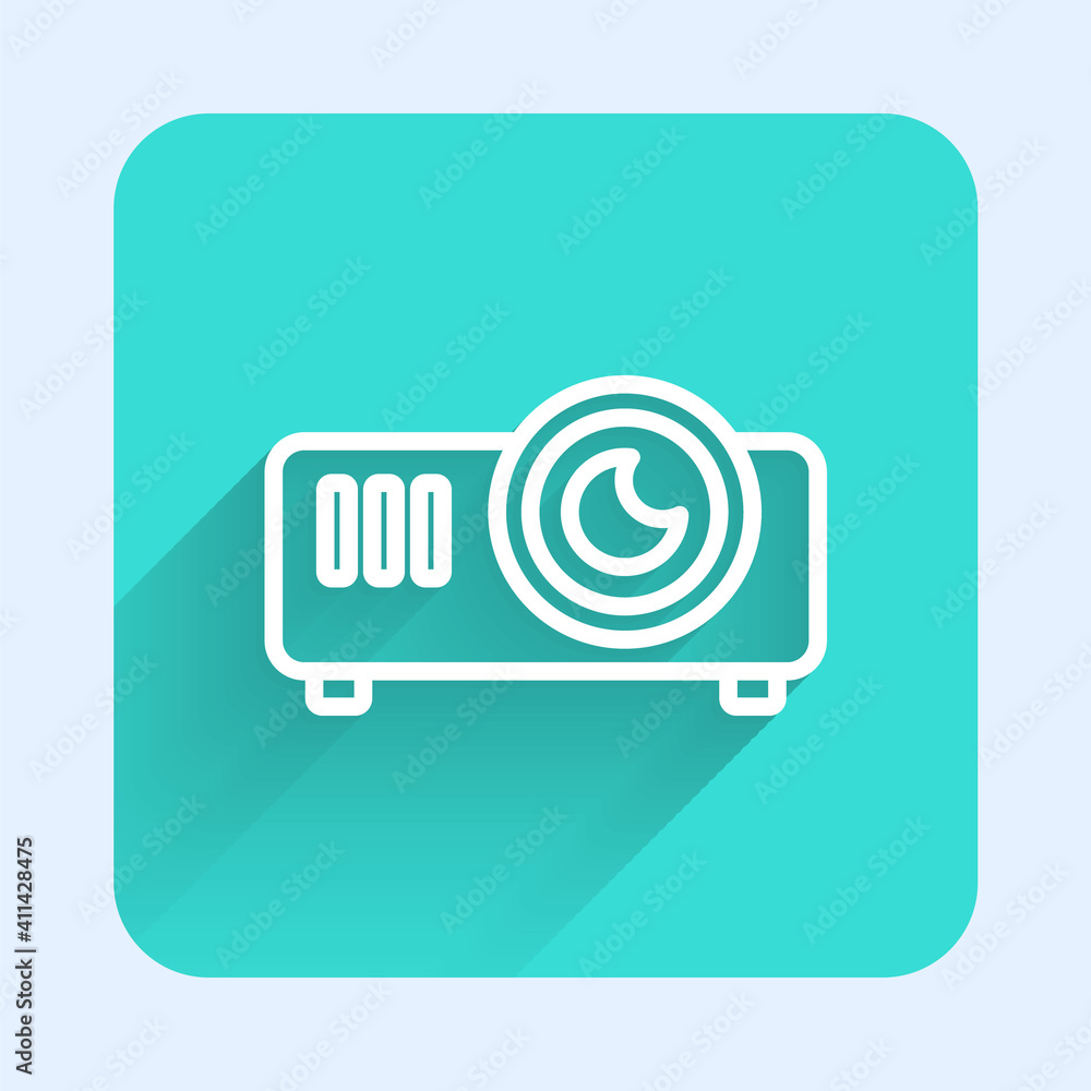 White line Presentation, movie, film, media projector icon isolated with long shadow. Green square button. Vector Illustration. White line Presentation, movie, film, media projector icon isolated with long shadow. Green square button. Vector Illustration.