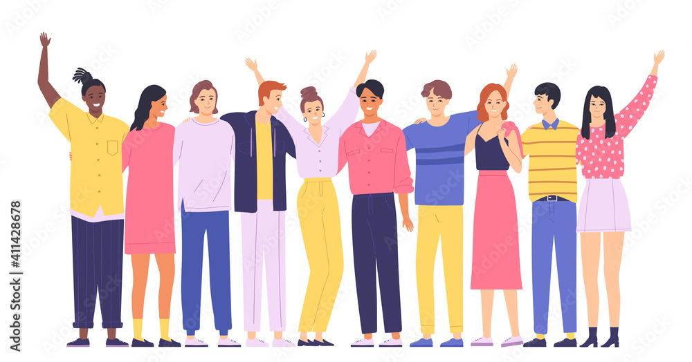 Obraz premium Group of happy people in casual clothes on a white background. Young people stand side by side and hug. Vector illustration in flat style.