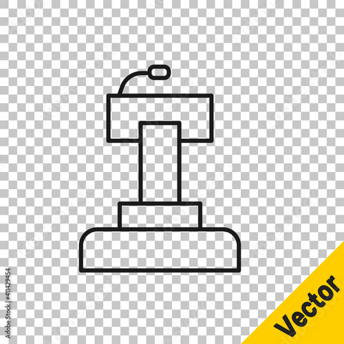Black line Stage stand or debate podium rostrum icon isolated on transparent background. Conference speech tribune. Vector.
