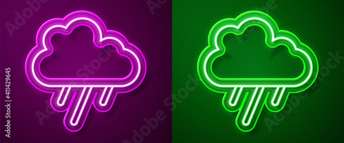 Glowing neon line Cloud with rain icon isolated on purple and green background. Rain cloud precipitation with rain drops. Vector.
