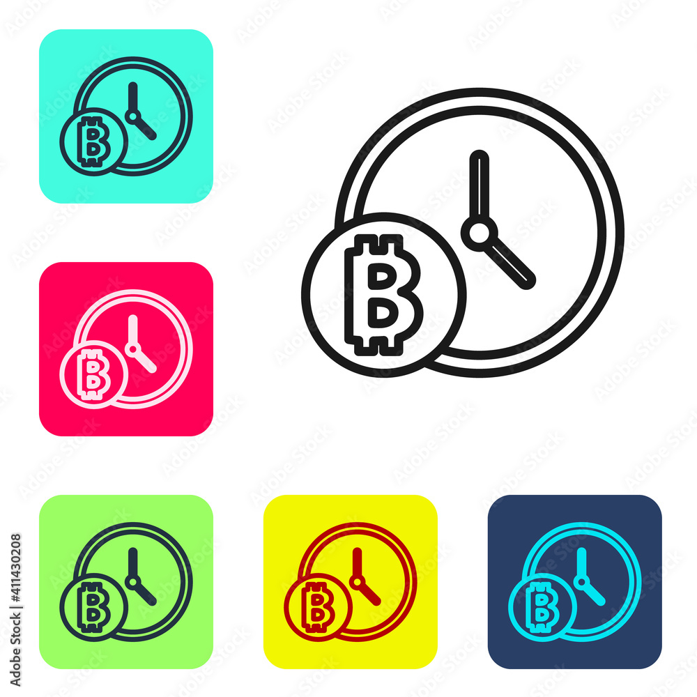 Black line Cryptocurrency coin Bitcoin with clock icon isolated on white background. Physical bit coin. Blockchain based secure crypto currency. Set icons in color square buttons. Vector. Black line Cryptocurrency coin Bitcoin with clock icon isolated on white background. Physical bit coin. Blockchain based secure crypto currency. Set icons in color square buttons. Vector.