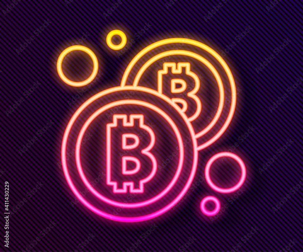Glowing neon line Cryptocurrency coin Bitcoin icon isolated on black background. Physical bit coin. Blockchain based secure crypto currency. Vector. Glowing neon line Cryptocurrency coin Bitcoin icon isolated on black background. Physical bit coin. Blockchain based secure crypto currency. Vector.