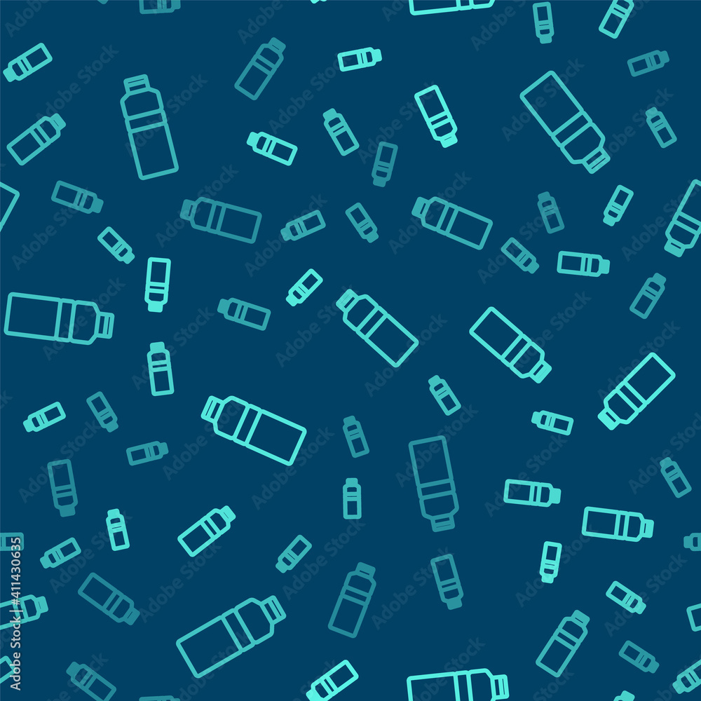 Green line Fitness shaker icon isolated seamless pattern on blue background. Sports shaker bottle with lid for water and protein cocktails. Vector. Green line Fitness shaker icon isolated seamless pattern on blue background. Sports shaker bottle with lid for water and protein cocktails. Vector.