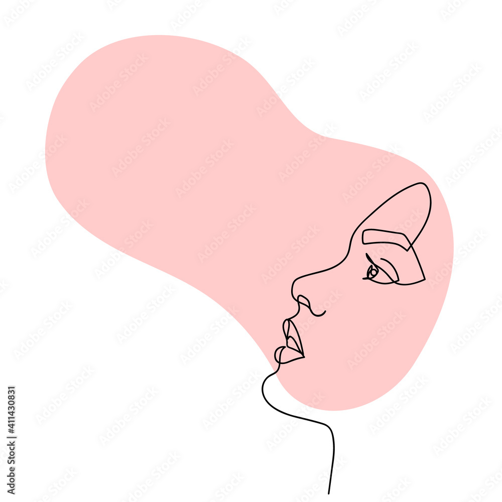 Continuous line abstract face. Modern female portrait. Hand drawn line art of woman with liquid colored shape element. Beauty fashion minimalist concept. Vector Continuous line abstract face. Modern female portrait. Hand drawn line art of woman with liquid colored shape element. Beauty fashion minimalist concept. Vector