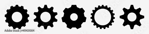 Gear setting vector icon set. Isolated black gears mechanism and cog wheel on white background. Progress or construction concept. Cogwheel icons UI vector.