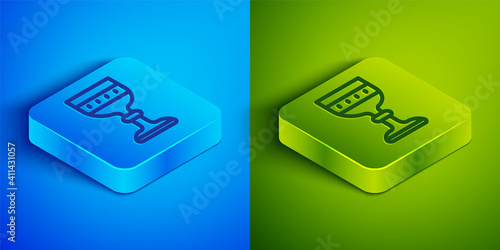 Isometric line Medieval goblet icon isolated on blue and green background. Square button. Vector.