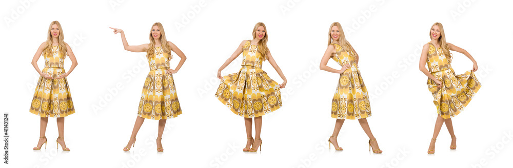 Pretty girl in yellow floral dress isolated on white