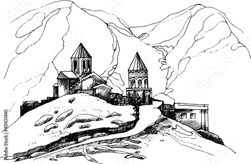 Monochrome hand drawn church in the mountains illustration.