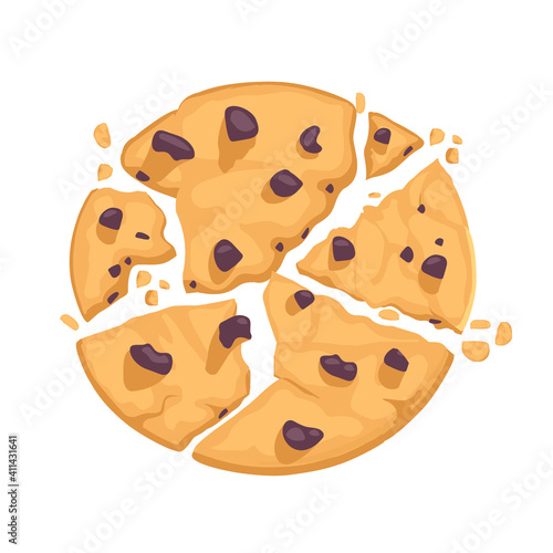 Traditional delicious pastries with chocolate pieces. Broken cookies. Vector illustration in cartoon flat style.