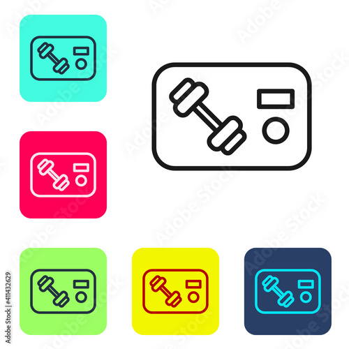 Black line Fitness club, gym card icon isolated on white background. Set icons in color square buttons. Vector.