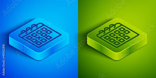 Isometric line Calendar fitness icon isolated on blue and green background. Training schedule. Square button. Vector.